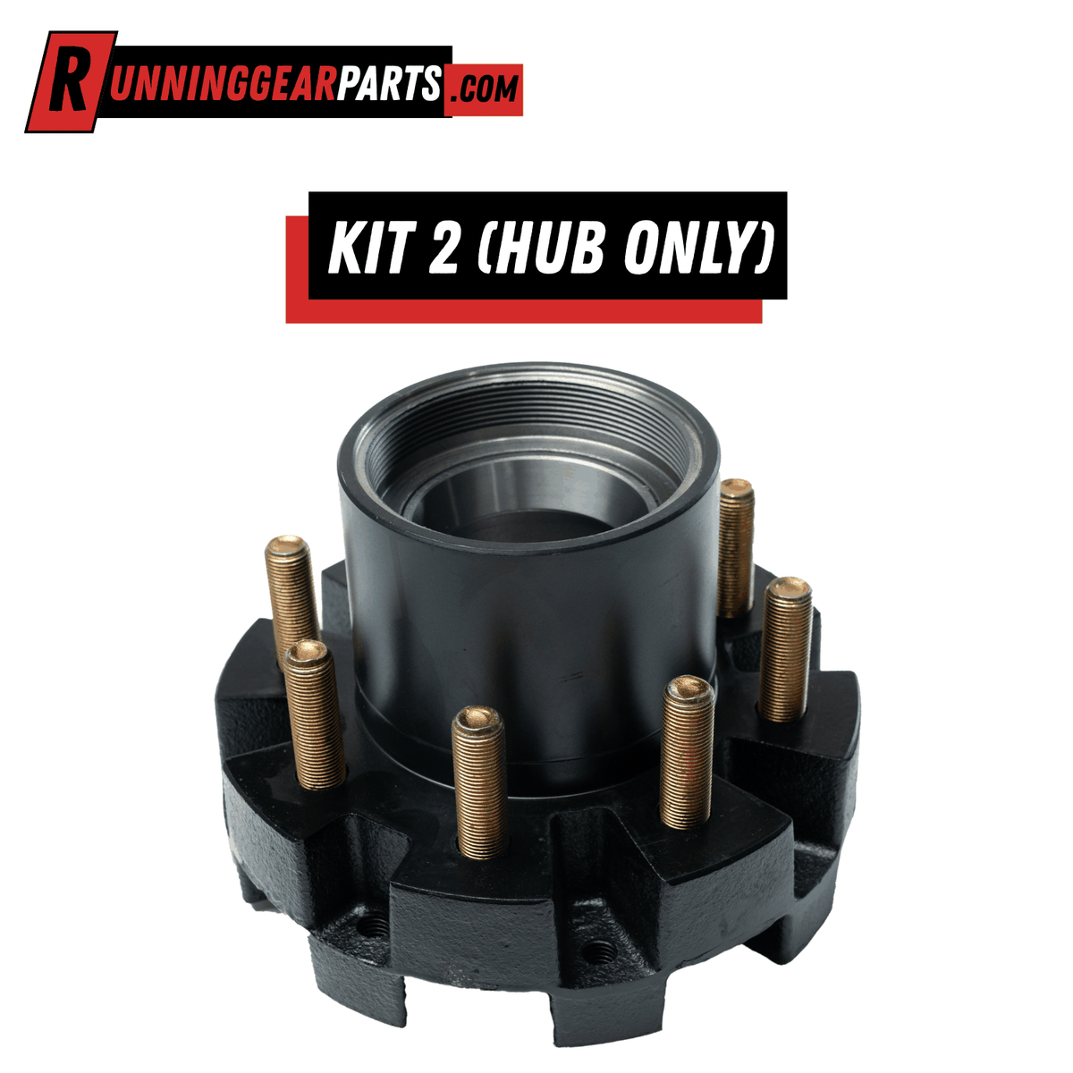 Trailer hub for Dexter 9,000–10,000 lb Axles, black cast metal with a threaded center and eight gold-tone studs.