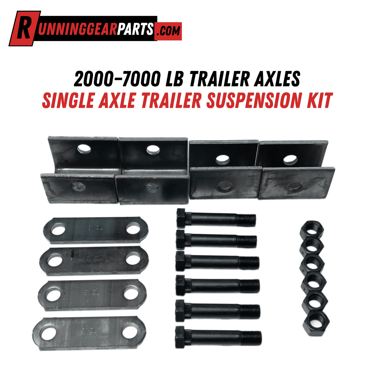 Single Axle Trailer Suspension Kit with black steel weld-on hangers, flat shackle straps, bolts and nuts.