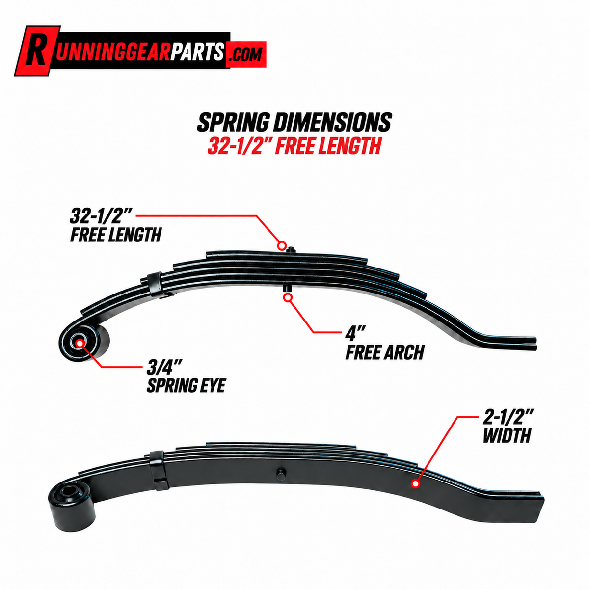 technical dimension diagram of a black leaf spring suspension spring