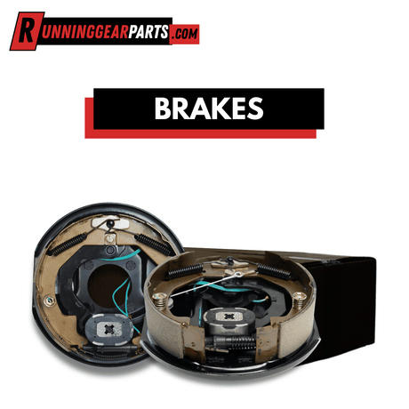 Brakes, a pair of black metal drum brake assemblies with tan curved shoes, springs, and visible wiring.