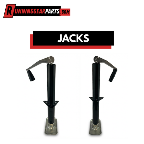 Jacks and Couplers, a pair of black metal trailer jacks with crank handles and square silver mounting feet.