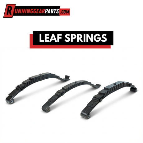 Leaf Springs, black metal suspension components with layered curved leaves, mounting brackets and eyelet ends.