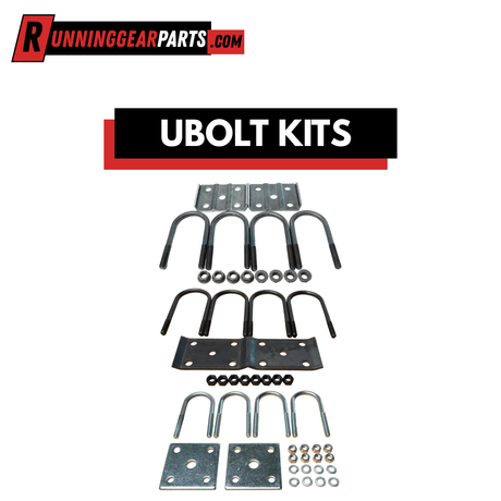 U-Bolt kit with dark metal U-shaped bolts, perforated rectangular mounting plates, nuts and washers.