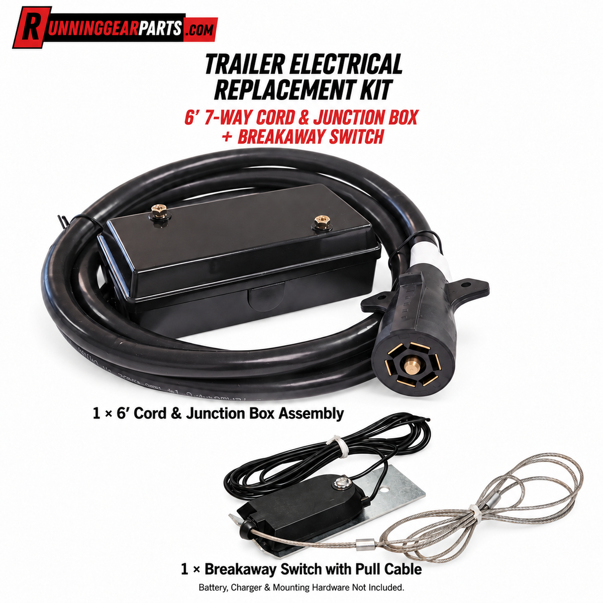 RGP Trailer Electrical Replacement Kit, 6' 7-Way Cord, Junction Box & Breakaway Switch