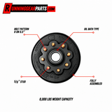 Trailer hub and drum assembly for RGP 8000 lb Trailer Axles, black metal with eight gold studs and oil bath design.
