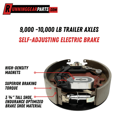RGP 9,000 -10,000 lb electric trailer brake assembly with a gray metal backing plate, black components, and self-adjusting mechanism.