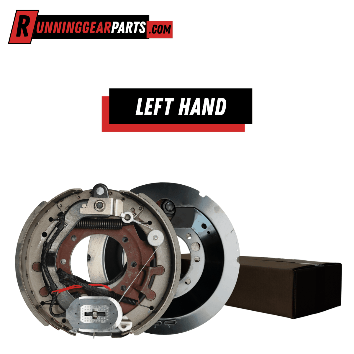 Self-adjusting electric trailer brake assembly, dark metal with curved shoes and springs, marked left hand; RGP 9,000 -10,000 lb
