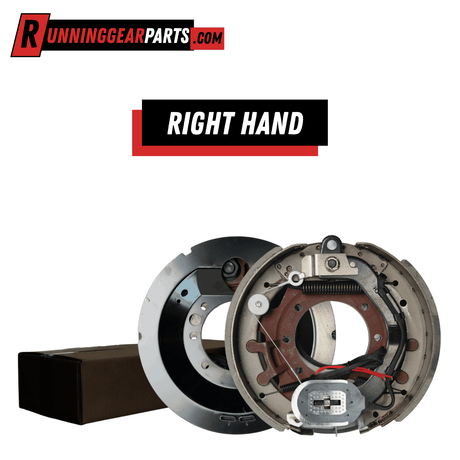 Right-hand trailer electric drum brake assembly in metallic gray and black steel, with exposed self-adjusting springs and brake shoes; RGP 9,000 -10,000 lb unit.
