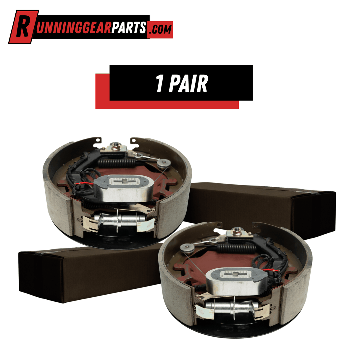 RGP 9,000 -10,000 lb electric trailer brake pair with metallic backing plates, dark brake shoes, springs and magnets assembled.