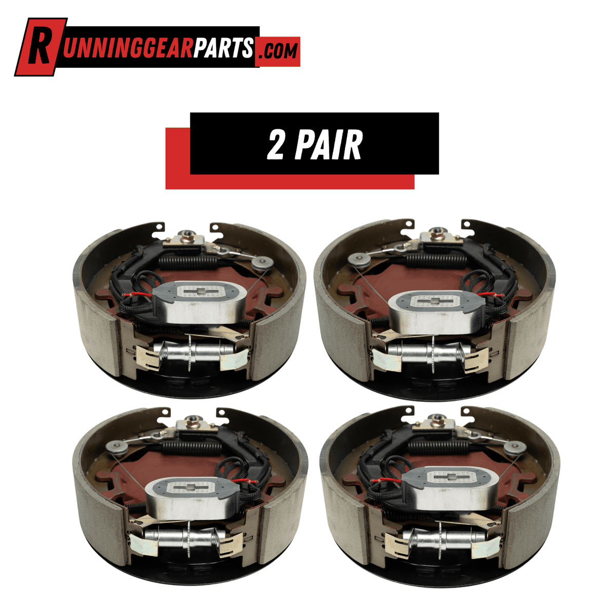 Electric trailer brake assemblies, RGP 9,000 -10,000 lb, four brown and gray self-adjusting drum brakes with magnets and springs.