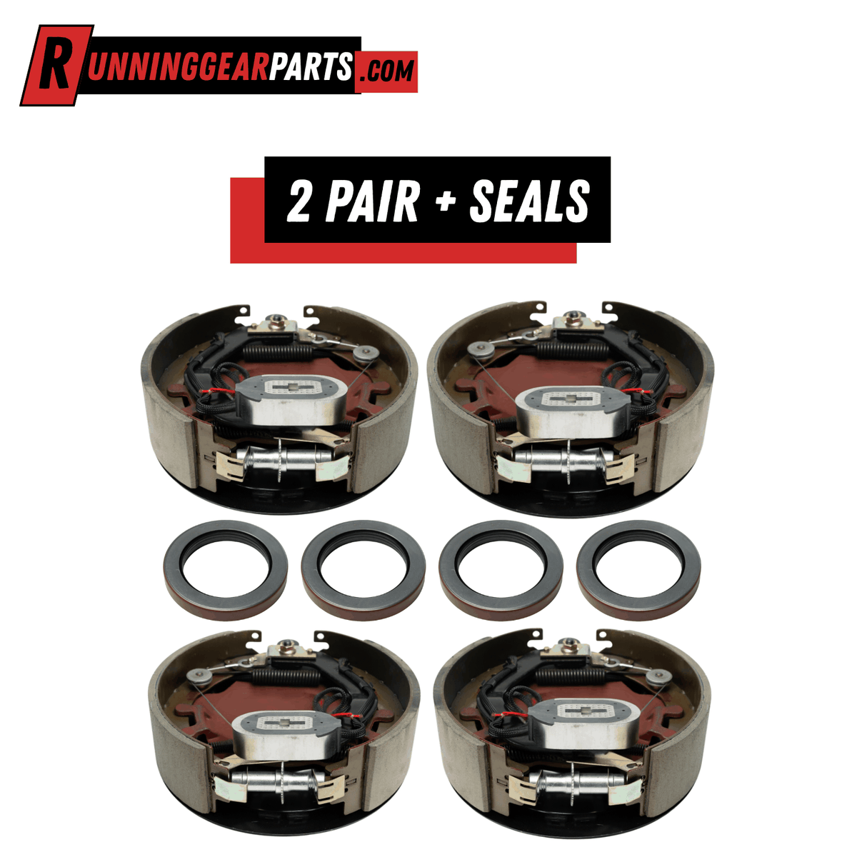 Electric trailer brake assemblies, RGP 9,000 -10,000 lb, with dark metal backing plates, paired shoes and four seals.