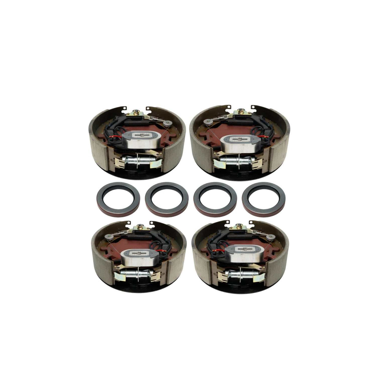 RGP 9,000 -10,000 lb electric drum brake assemblies, four gray metal units with red-brown shoes and four black seals.