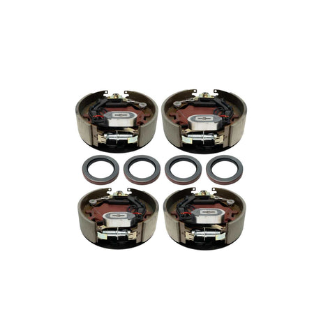 RGP 9,000 -10,000 lb electric drum brake assemblies, four gray metal units with red-brown shoes and four black seals.
