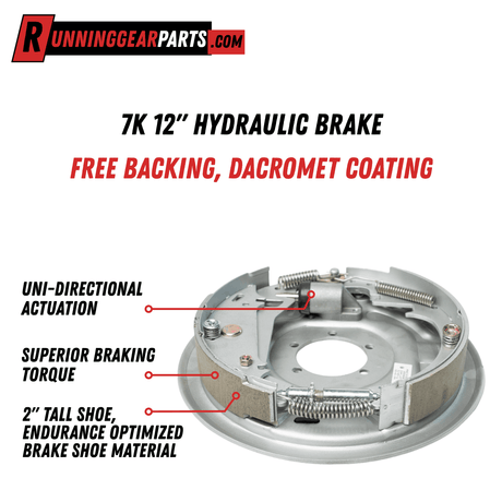 Hydraulic trailer brake assembly with silver Dacromet-coated metal, paired curved shoes, springs and free-backing design for RGP 7,000 lb Trailer Axles
