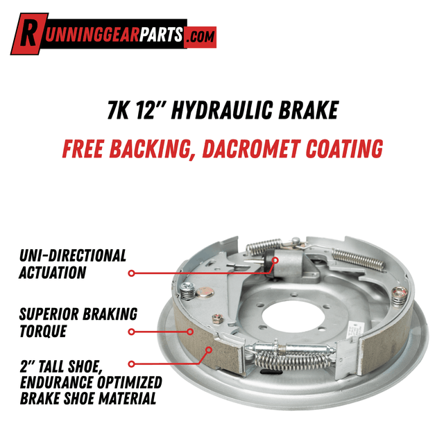 Hydraulic trailer brake assembly with silver Dacromet-coated metal, paired curved shoes, springs and free-backing design for RGP 7,000 lb Trailer Axles
