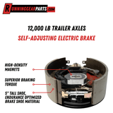 Self-adjusting electric trailer drum brake assembly for RGP 12,000lb Axles, with steel backing plate, dark shoes, and visible magnet.