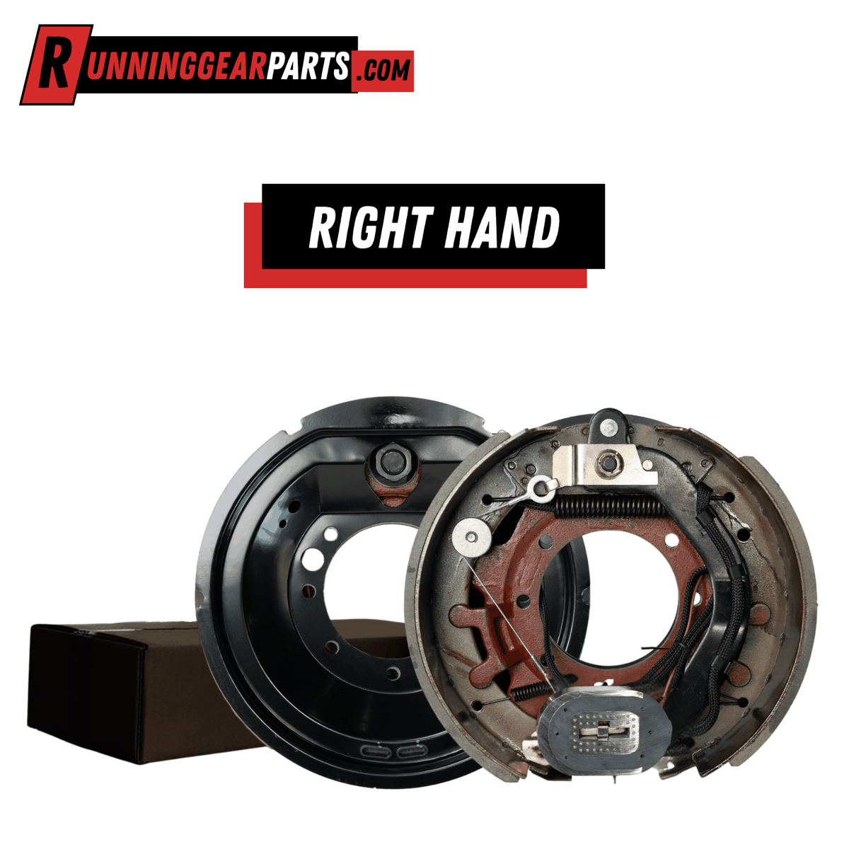 Electric trailer brake assembly for RGP 12,000lb Axles, with dark metal backing plate, rust-brown shoes and visible springs.