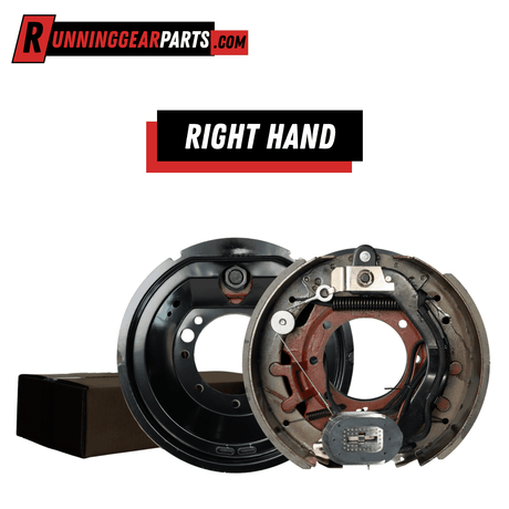Electric trailer brake assembly for RGP 12,000lb Axles, with dark metal backing plate, rust-brown shoes and visible springs.