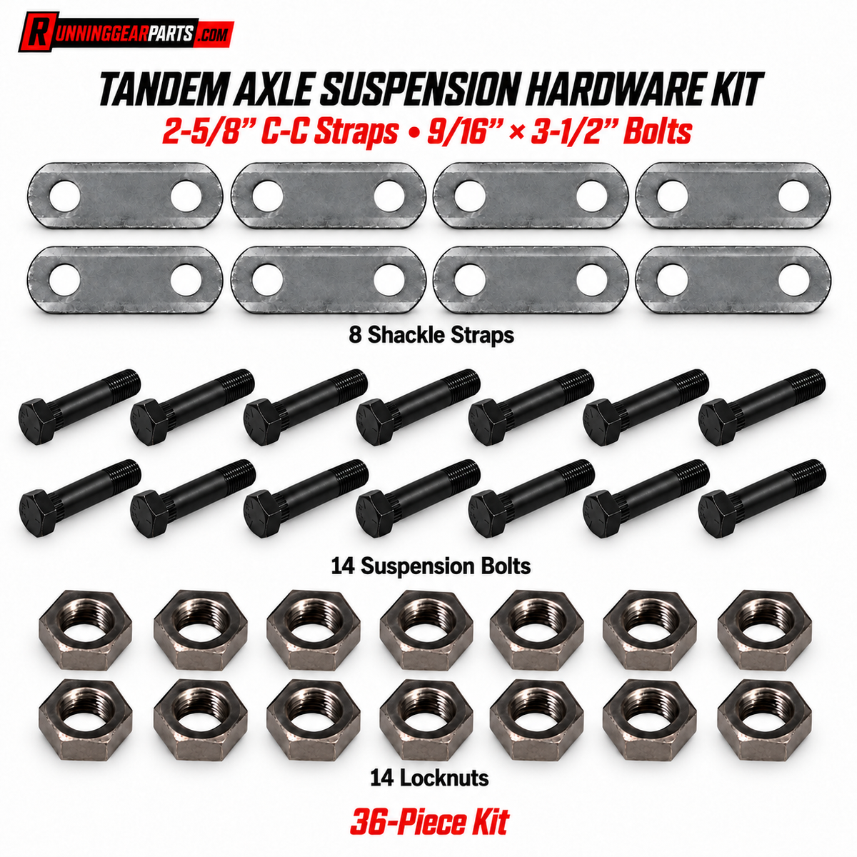 RGP Tandem Axle Suspension Hardware Kit — 2-5/8″ Shackle Straps, 9/16″ × 3-1/2″ Bolts & Locknuts, 36 Pieces
