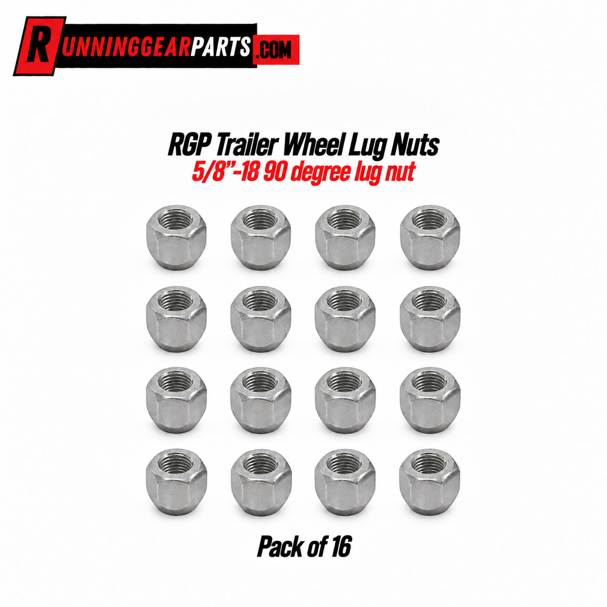 pack of 16 silver metal trailer wheel lug nuts arranged in a grid