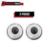 Trailer Axles 2-7/8" Oil Bath Caps, two silver metal threaded caps with black rubber center plugs and sealing rings.