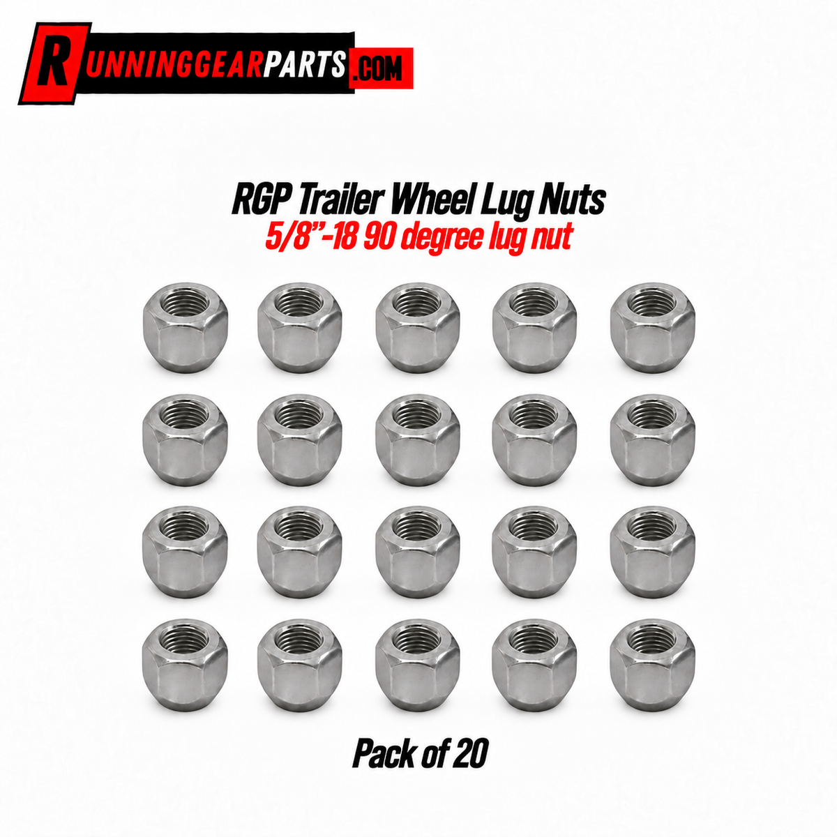 pack of 20 silver metal trailer wheel lug nuts arranged in a grid on a white background