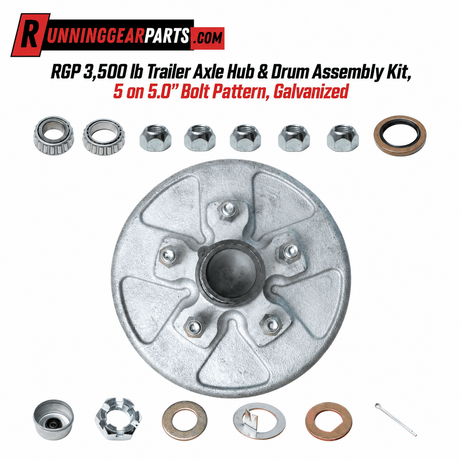 RGP 3,500 lb Trailer Axle galvanized hub and drum assembly kit with silver finish, five wheel studs, bearings and hardware.