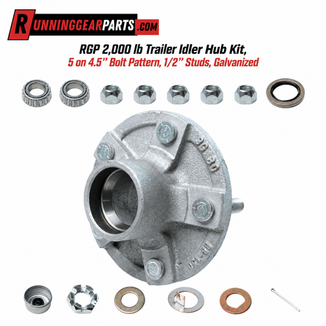 RGP 2,000 lb Trailer Idler Hub Kit with a silver galvanized metal hub, five studs, bearings, seal, nuts, washers, and cotter pin.