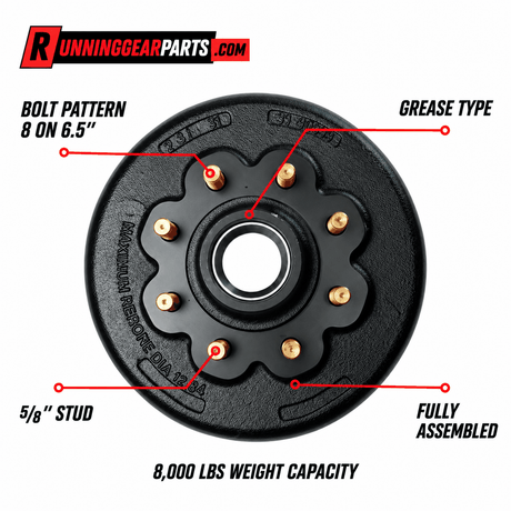 Trailer hub and drum assembly for RGP 8,000 lb Trailer Axles, black with eight gold 5/8-inch studs and grease-type design.