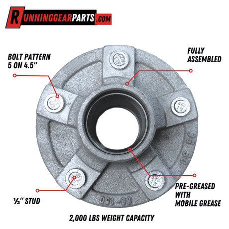 RGP 2,000 lb Trailer Idler Hub Kit with a textured galvanized metal finish, five silver studs, and a pre-greased center bore.