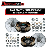 Electric trailer brake assembly set with silver galvanized drums, dark metal brake shoes, springs, magnets, bearings and hardware; 5-on-4.5-inch hubs. RGP 3,500 lb Electric Trailer Brake Assembly