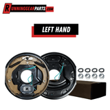 RGP 3,500 lb Electric Trailer Brake Assembly with black metal backing plate, tan brake shoes, springs and magnet, left-hand design.