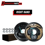 RGP 3,500 lb Electric Trailer Brake Assembly, black steel backing plate with tan shoes, springs, magnet and hardware; right-hand unit.