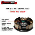 RGP 3,500 lb Electric Trailer Brake Assembly with a black steel backing plate, curved brake shoes, springs, and green copper wire.