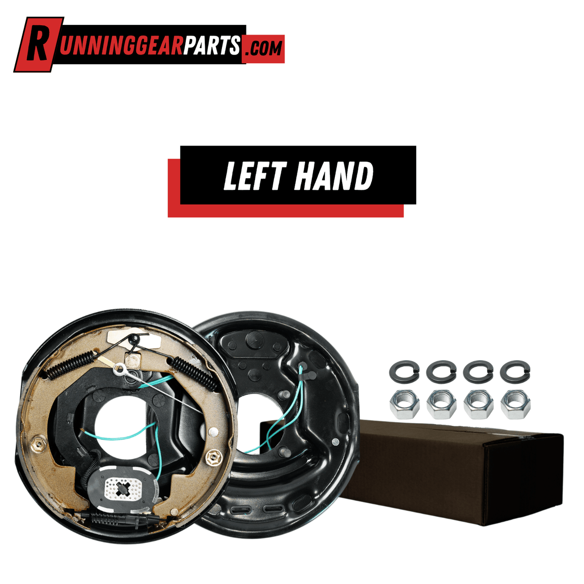 Electric trailer brake assembly with black steel backing plate, tan brake shoes, springs, wiring and mounting hardware; left-hand design, RGP 3,500 lbs Trailer Axles.