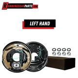 Electric trailer brake assembly with black steel backing plate, tan brake shoes, springs, wiring and mounting hardware; left-hand design, RGP 3,500 lbs Trailer Axles.