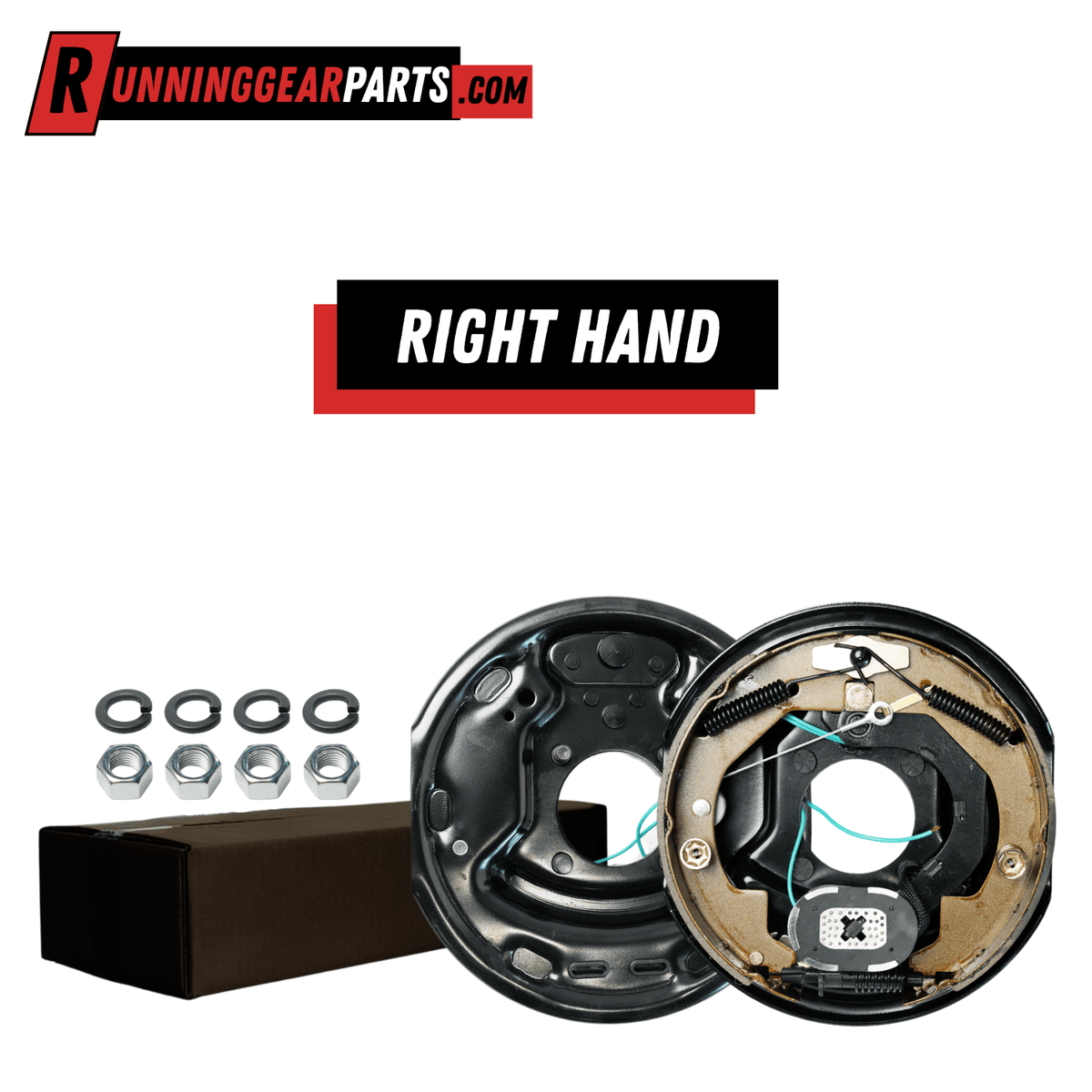 Electric trailer brake assembly in black steel, shown with tan brake shoes and springs, labeled right hand; RGP 3,500 lbs Trailer Axles