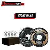 Electric trailer brake assembly in black steel, shown with tan brake shoes and springs, labeled right hand; RGP 3,500 lbs Trailer Axles