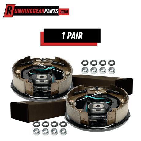 Electric trailer brake assemblies, RGP 3,500 lbs Trailer Axles, metallic backing plates with springs and hardware, shown as a pair.