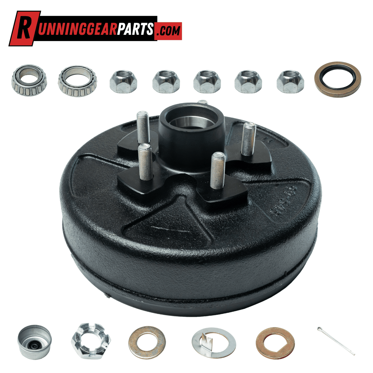 3,500 lb Trailer Axle Hub & Drum- 5 on 4.5" Bolt Pattern,Black steel, Pre-Greased