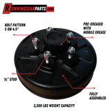 Trailer axle hub and drum in black steel with five 1/2-inch studs, 5 on 4.5-inch pattern; RGP 3,500 lb Trailer Axle assembly, pre-greased and assembled.
