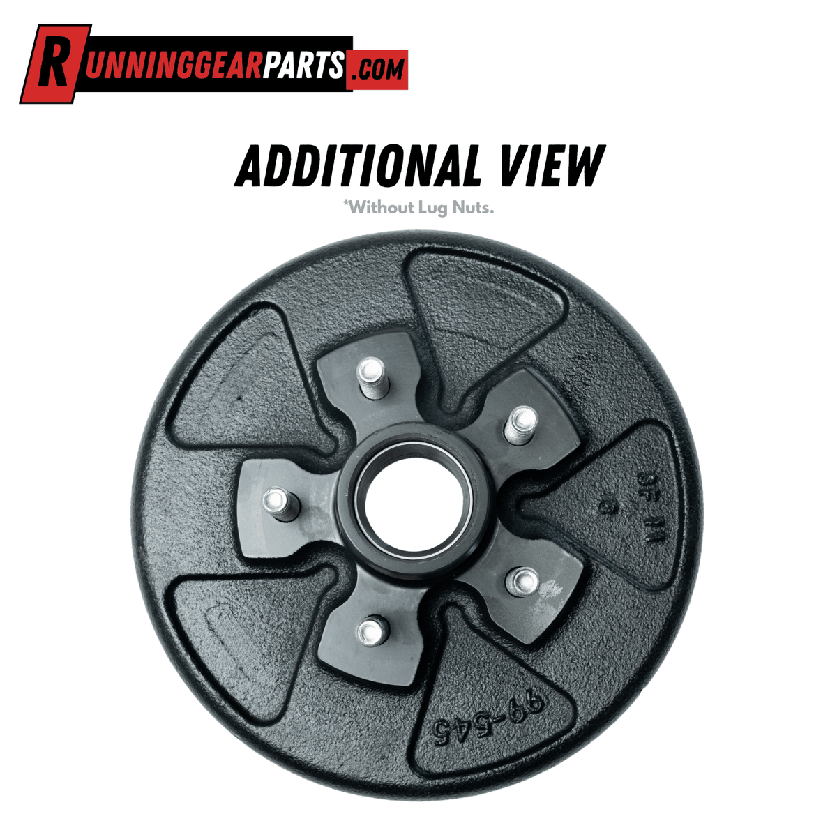RGP 3,500 lb Trailer Axle hub and drum assembly in black steel, showing its round plate and five pressed-in studs.