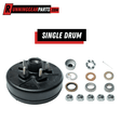 Black steel trailer hub and drum assembly kit with five studs and bearing hardware, RGP 3,500 lb Trailer Axle replacement.