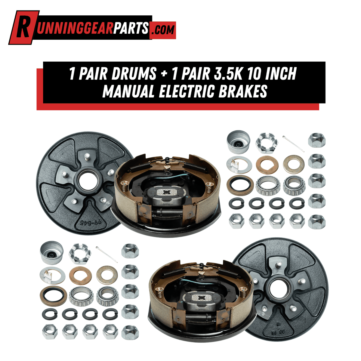 RGP 3,500 lb Trailer Axle brake kit with black steel drum assemblies, paired 10-inch electric brakes, and hardware.