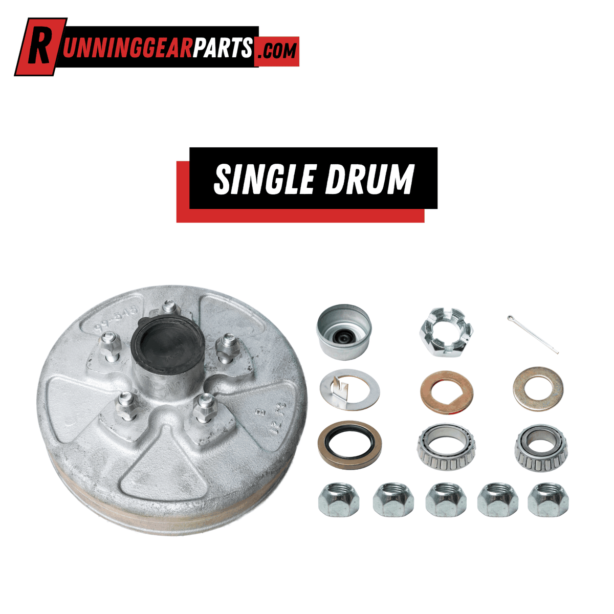 RGP 3,500 lbs Trailer Axle hub and drum assembly in silver galvanized metal, with five wheel studs and hardware included.