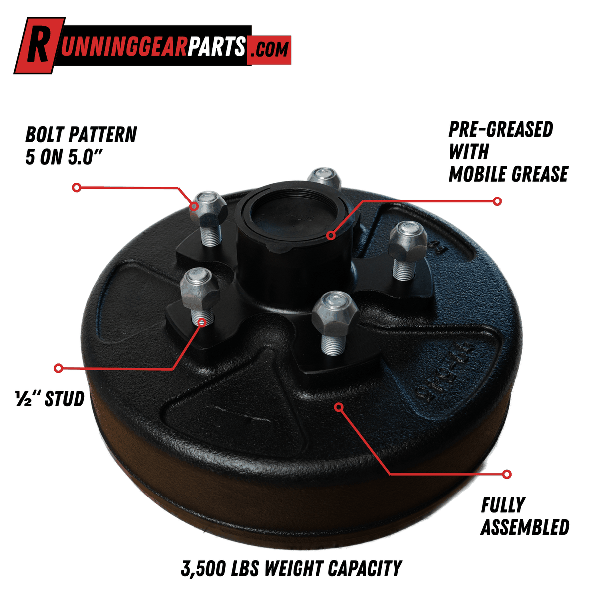 Trailer hub and drum assembly in black steel with five silver studs and a pre-greased central hub, RGP 3,500 lbs Trailer Axle assembly fully assembled.