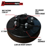 Trailer hub and drum assembly in black steel with five silver studs and a pre-greased central hub, RGP 3,500 lbs Trailer Axle assembly fully assembled.