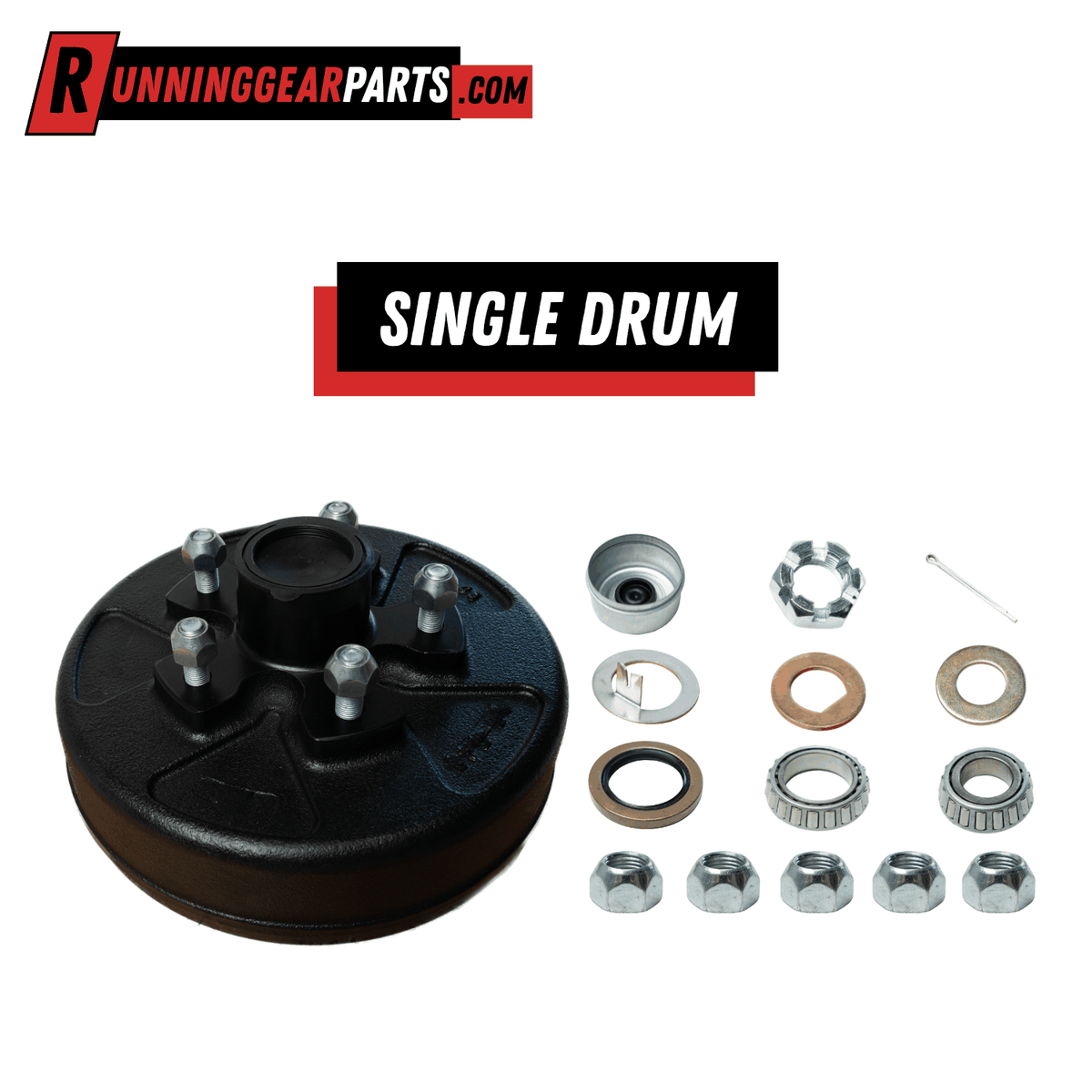 RGP 3,500 lbs Trailer Axle hub and drum assembly kit in black steel, with five silver studs and hardware.