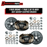 Trailer brake and drum assembly kit with black steel electric brakes, round brake plates, and matching hardware; RGP 3,500 lbs Trailer Axle replacement set