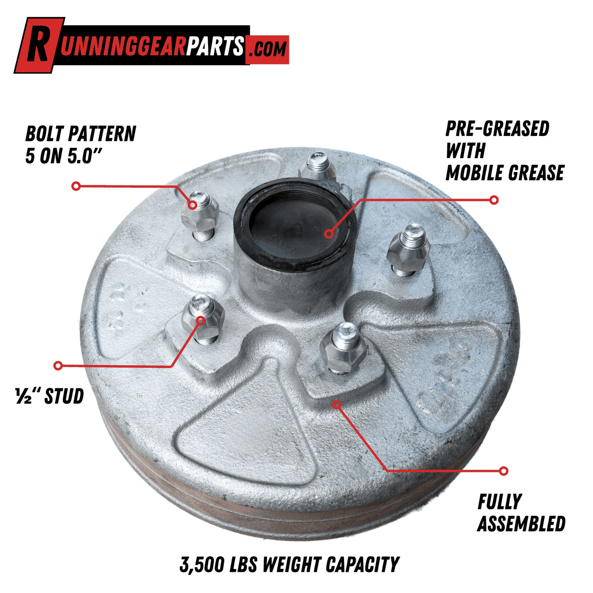 Trailer axle hub and drum assembly, galvanized silver metal with five studs, center bore, and pre-greased finish; RGP 3,500 lb Trailer Axle capacity.